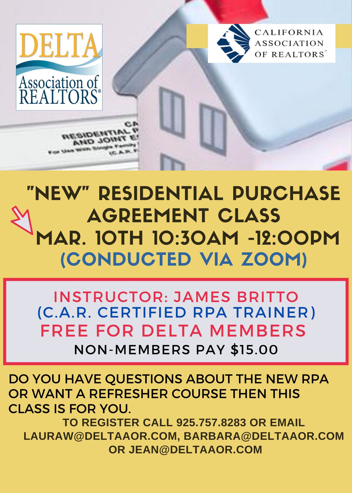 Flyer for NEW Residential Purchase Agreement class on Thursday, March 10th at 10:30 am via Zoom.
